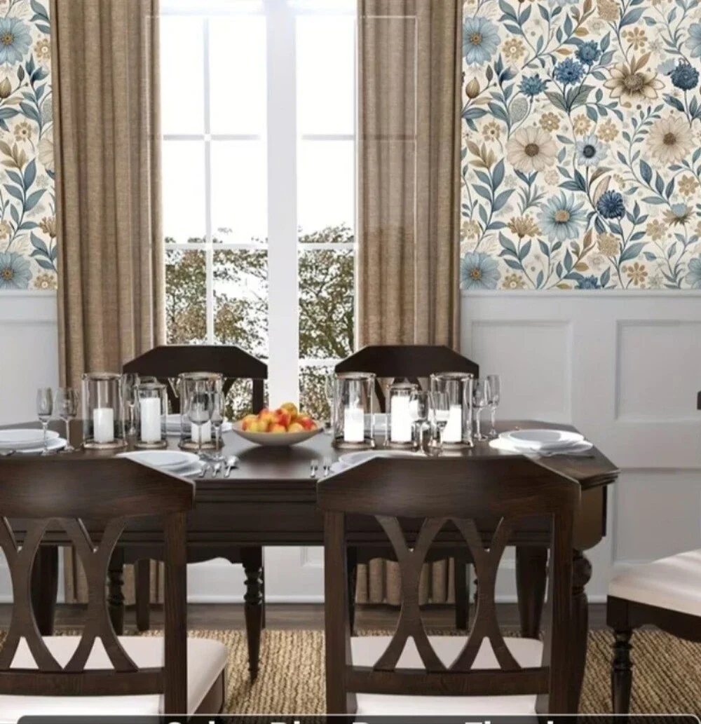 New 2 Rolls of Floral Blue and Beige Peel-and-Stick Wallpaper #1467-1565